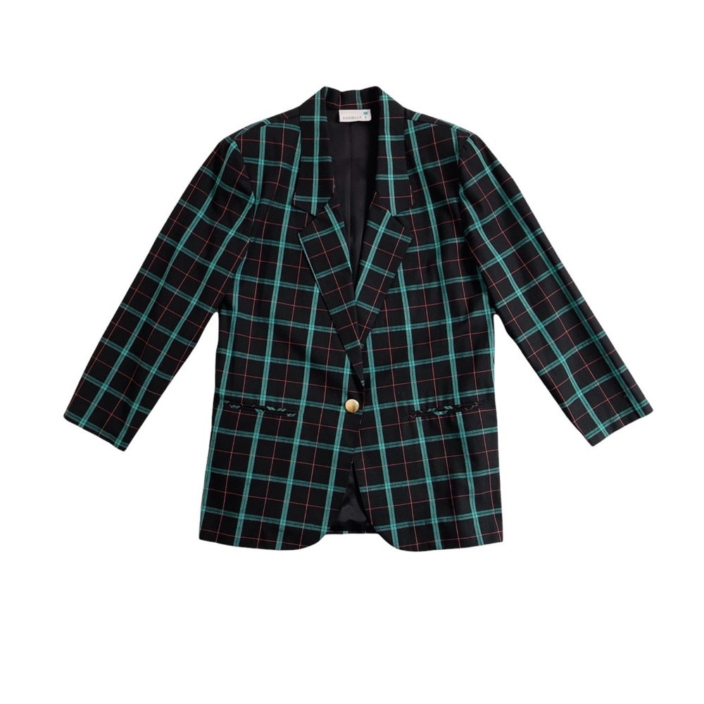 Vintage 80’s black with green plaid blazer jacket with gold button size L